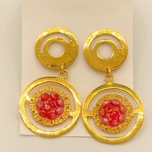 Vintage Barbiecore Gold and Pink-Red Earrings